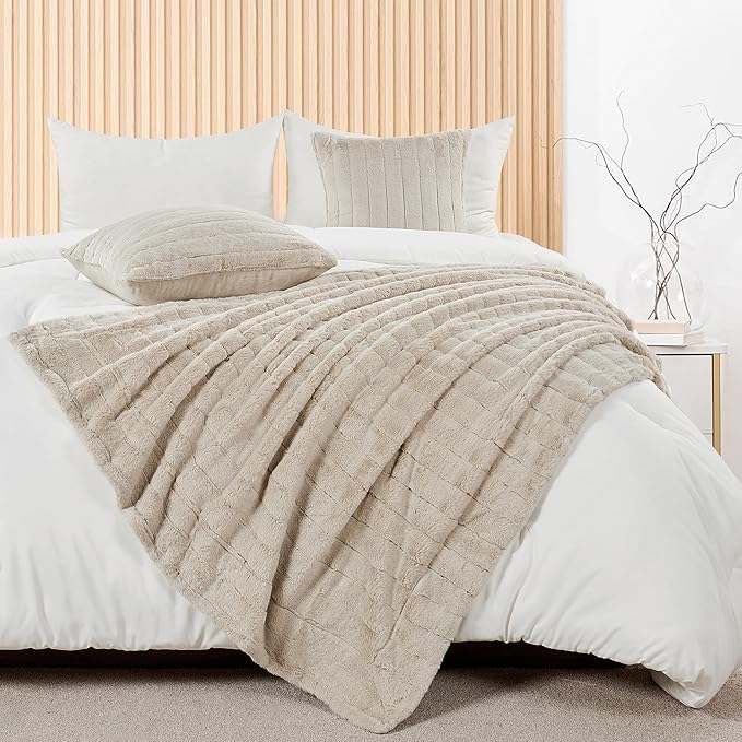 Striped Throw Blanket and Pillow Covers Set (No Inserts) for Couch and Bed, Plush Warm Lightweight Fuzzy Faux Fur Blanket for All Seasons (60" x 80", Oatmeal)