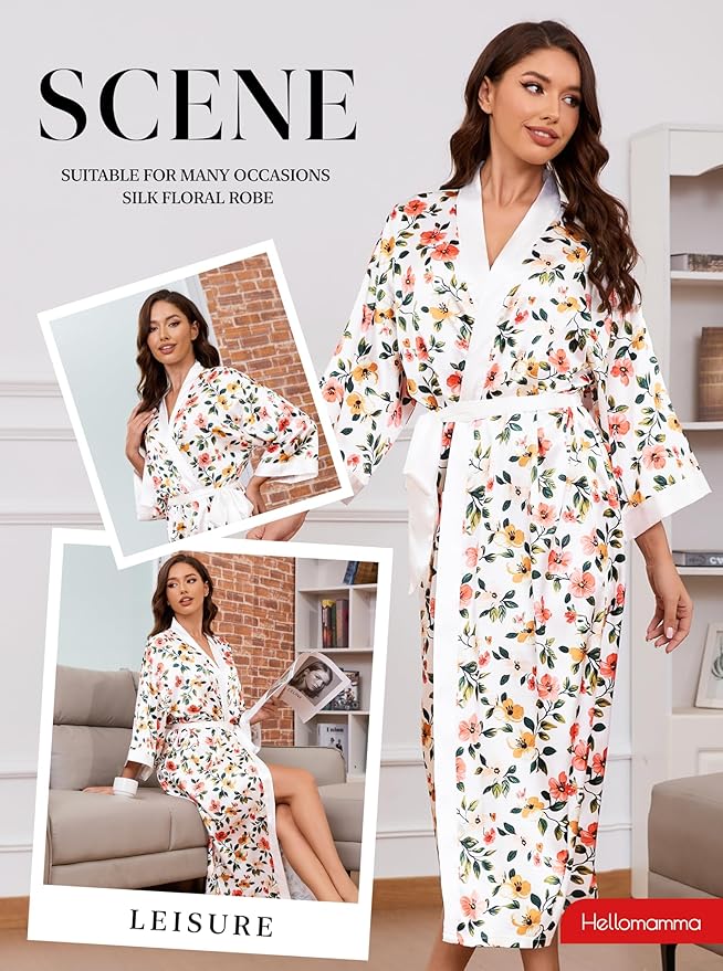 Hellomamma Womens Satin Silk Robe: Lightweight 3/4 Sleeve Comfy Floral Print Kimono Sleepwear for Bride Wedding Party Gift