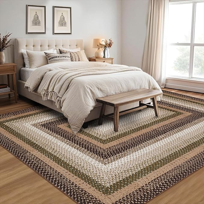 RUGSREAL Large Living Room Area Rug 10x13 Braided Washable Rug Non Slip Bedroom Carpet Stain Resistant Dining Room Throw Rug Braid Printed Farmhouse Accent Area Rug for Home Decor Office, Moss/Brown