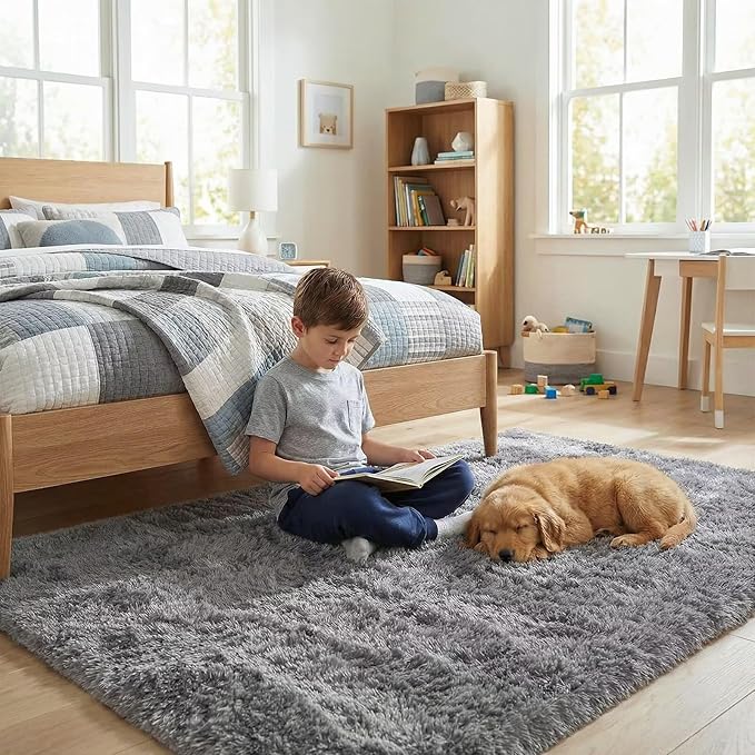 junovo Grey Washable Area Rug for Boys Bedroom Living Room, 4x5.3 Soft Non-Slip Fluffy Rugs, Shag Plush Memory Foam Carpet for Kids Room Baby Nursery Home Decor