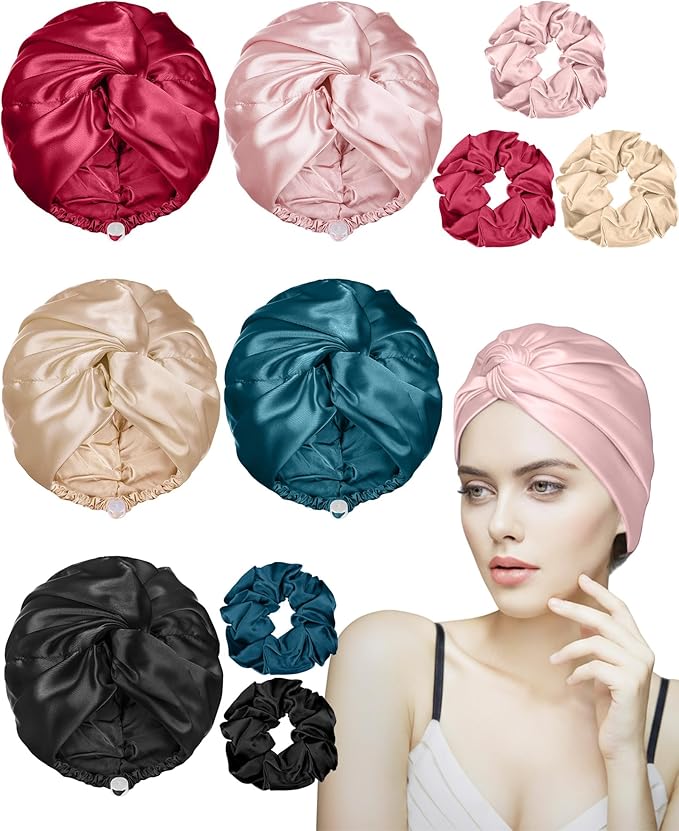Canlierr 5 Set Adjustable Silk Satin Bonnet for Sleeping Women Scrunchie Double Layer Night Cap Sleep Turban Hair Wrap Unisex
