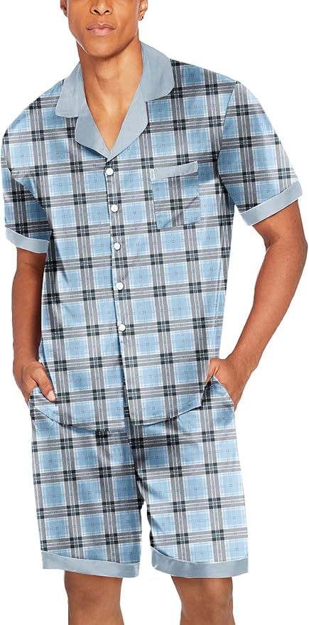 Ekouaer Men Satin Silk Pajamas Set with Pockets Sleepwear Shorts Satin Summer Loungewear 2 Piece Button Down Set S-3XL