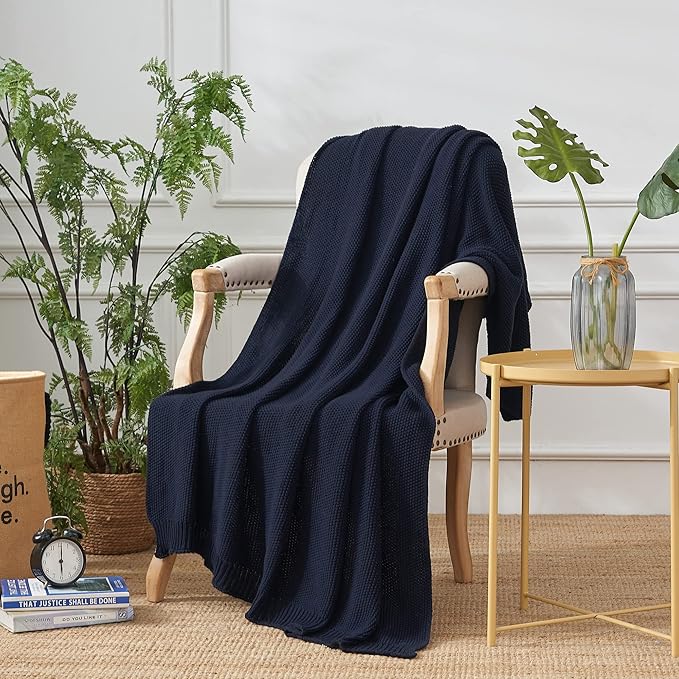 Longhui bedding Dark Navy Blue Cotton Cable Knit Throw Blanket for Couch Sofa Bed, Lightweight Home Decorative Throws, Bonus Laundering Bag, 50“ x 60” Machine Washable