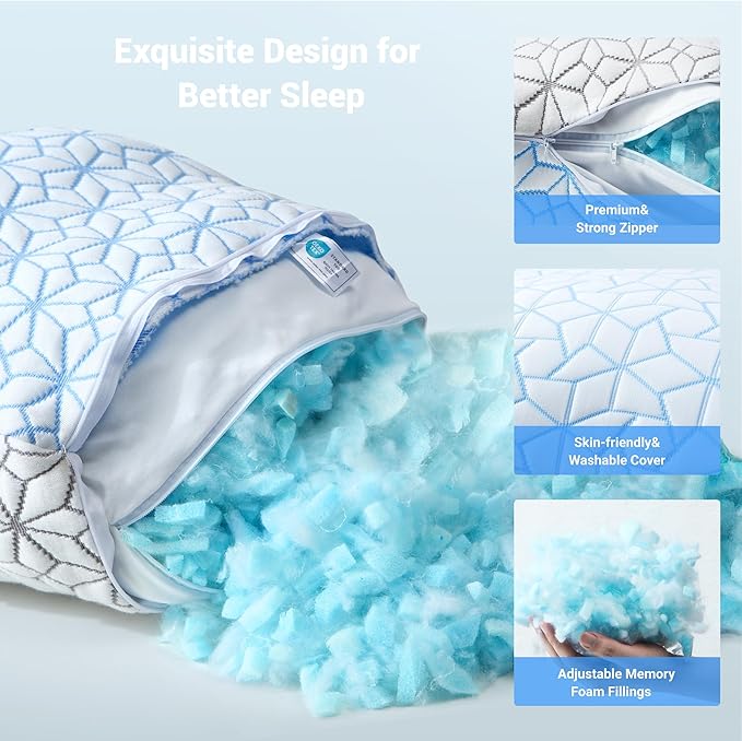 puredown® Pillows Queen Size Set of 2, Cooling Pillow Queen Size 2 Pack, Adjustable Shredded Memory Foam Pillows for Side Back Stomach Hot Sleepers, Ice Blue