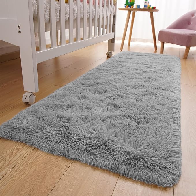 YJ.GWL Shag Runner Rug Non Slip for Bedroom Living Room Soft Small Rugs for Dorm, 2x6 Feet Grey Plush Carpet Runner for Nursery Dorm, Fuzzy Bedside Rug for Kids Boys Girls Room Home Decor