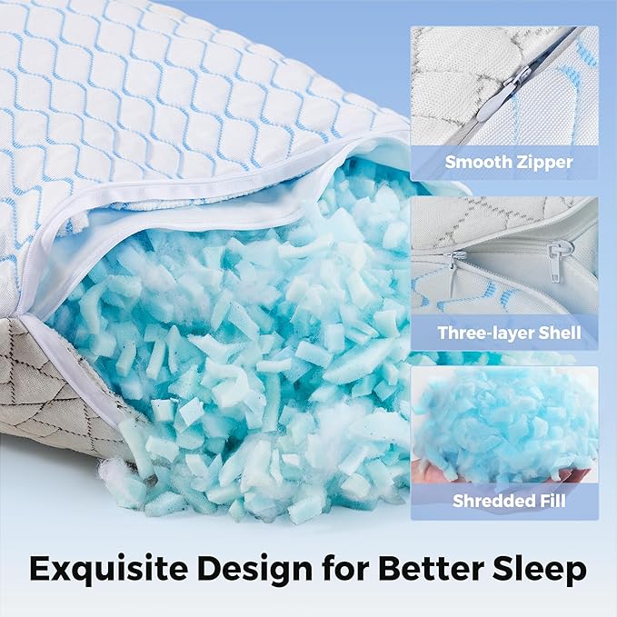 puredown® King Size Pillows Set of 2, Shredded Memory Foam Pillows, Cooling Pillow King 2 Pack, Foam Pillow for Sleeping, Adjustable Firm Bed Pillow for Side, Back and Stomach Sleepers
