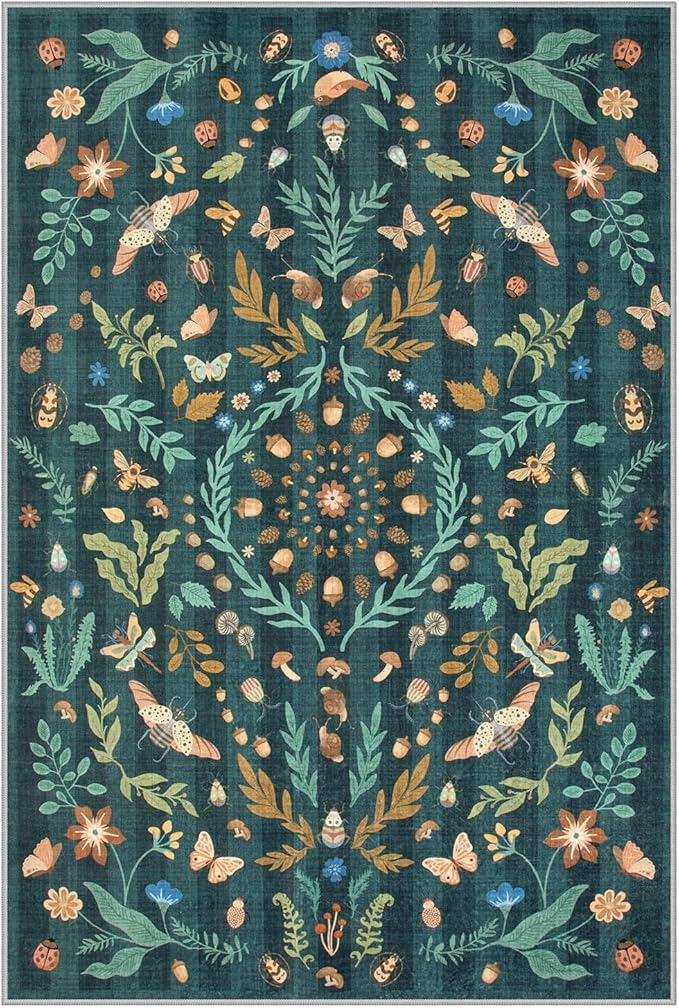 Lahome Chloe Insect Botanical 2x3 Kitchen Rugs for Entryway, Washable Small Green Door Mat Indoor Entrance, Soft Non-Slip Indoor Throw Carpet for Bathroom Bedroom Laundry(Dark Green,2x3)