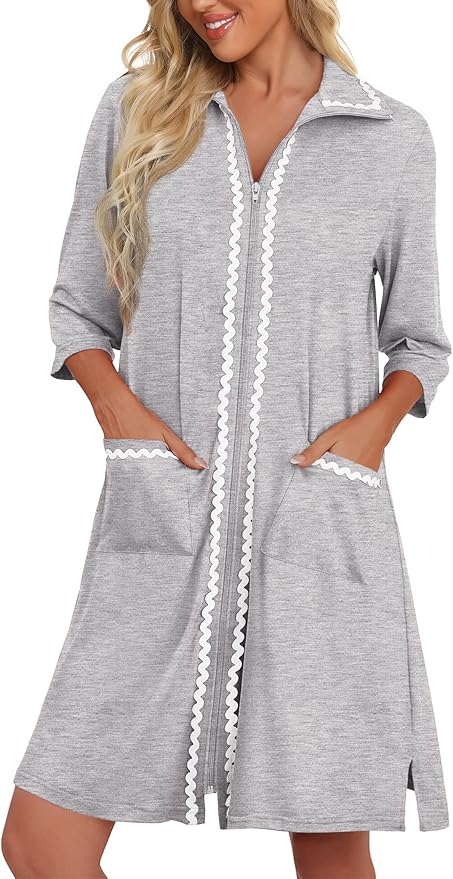 Ekouaer Women Zipper Robe Lightweight House Coat Zipper Front Short Bathrobes Soft Nightgown with Pockets S-3XL
