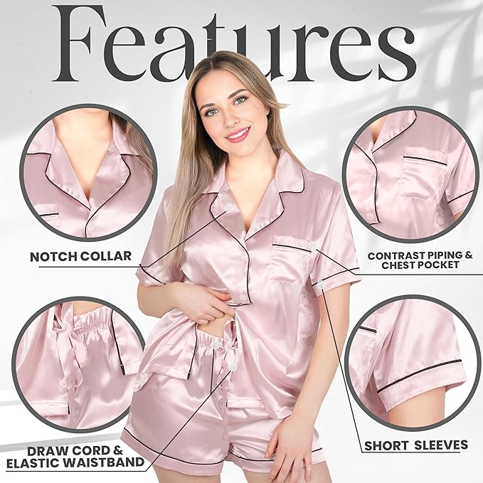NY Threads Women's Silk Satin Pajamas Set Button Down Top and Shorts 2 Piece Sleepwear Loungewear Pjs Set