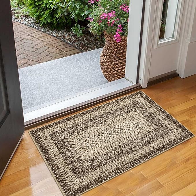 RUGSREAL Entryway Rug 2x3 Small Bedside Throw Mat with Rubber Backing Machine Washable Living Room Rug Non Slip Bathroom Mat Stain Resistant Braided Print Carpet for Dining Room Kitchen Hallway, Camel