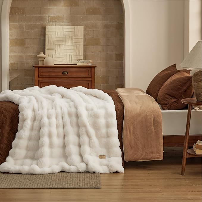 Bedsure GentleSoft Faux Fur Throw XL Blanket, Fluffy Fuzzy Large Throw Blanket for Bed, Soft Cozy Spring Bedding Minky Velvet Couch Cover, Thick Warm Plush Women Men Birthday Gifts, Cream