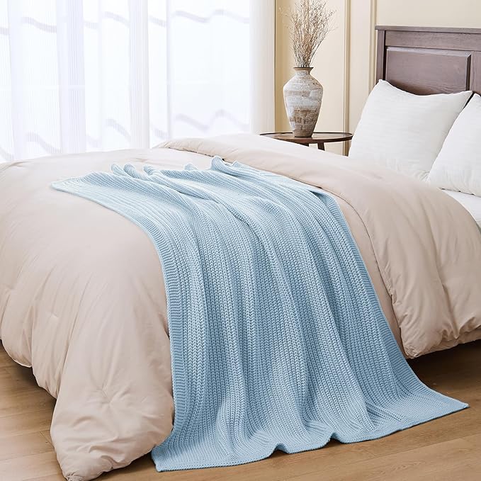 Chunky Knit Blue Throw Blanket for Couch Soft Cozy Large Thick Knitted Throw Blankets for Sofa Bed Cute Decorative Throw Blanket for Living Room,60"x 80",Light Blue