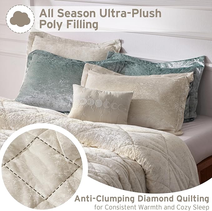 Intelligent Design Queen Comforter Set Velvet Comforters Queen Bedding Reversible, All Season, Diamond Quilted Bedding Microfiber Queen Size Comforters, Felicia, Full/Queen, Champagne 4 Piece