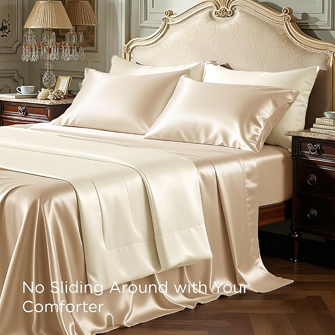 Bedsure Satin Sheets Queen Size - 4 Piece Silky Bedsheets with Elastic Corner Straps and 15 Inches Deep Pocket Fitted Bedsheet,1 Flat Sheet, 2 Satin Pillowcases, Good for Hair & Skin (Queen,Champagne)