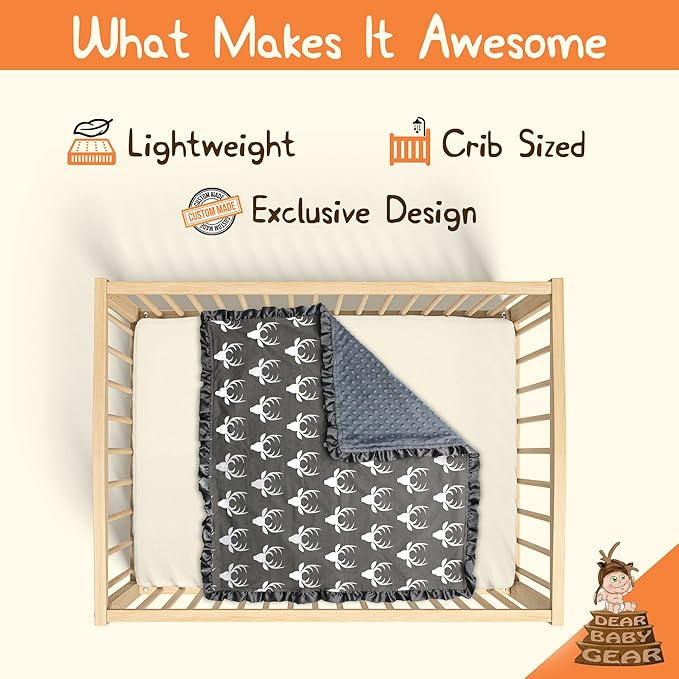 Dear Baby Gear - Reversible Baby Blankets - Soft Nursery Blanket for Newborn - Toddler Blankey - Throw Blanket for Boys & Girls - Infant Blankets - 42x32 (Antlers Grey with Ruffles)