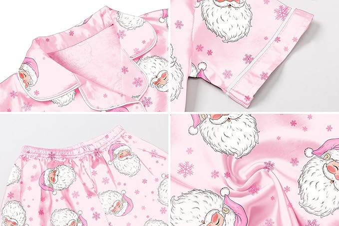 Umeyda Girls Womens Pajamas Set, Satin Silky Button Down Loungewear 2 Piece Short Sleeve Pants PJS Sets for Mommy Kids