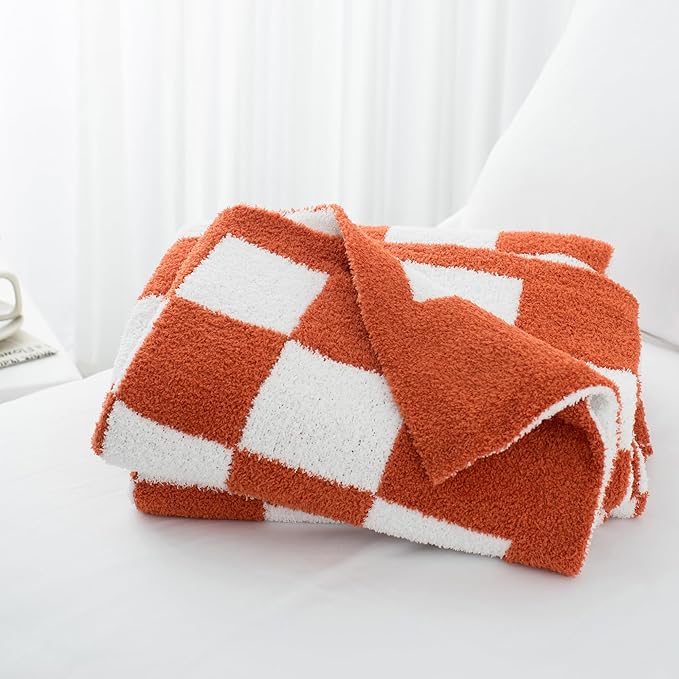 Carriediosa Checkered Throw Blanket 50" X 60", 400GSM Ultra Soft Microfiber Fuzzy Fluffy Reversible Cute Preppy Knitted Blankets Cozy Plush Fall Throws for Couch, Bed, Sofa, Rust