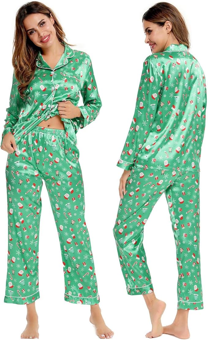 SWOMOG Womens Silk Satin Pajamas Set Long Sleeve Button Down Sleepwear 2 Piece Lounge Set Pj Set XS-3XL