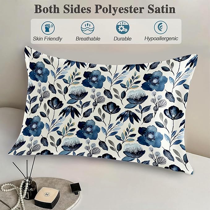 Imitation Silk Pillow Case for Hair and Skin Watercolor Blue Floral Leaves Queen Size 1 Pack Satin Pillow Cases with Zipper Super Soft Pillow Cover for Women Bed Sleeping, 20x30 Inches