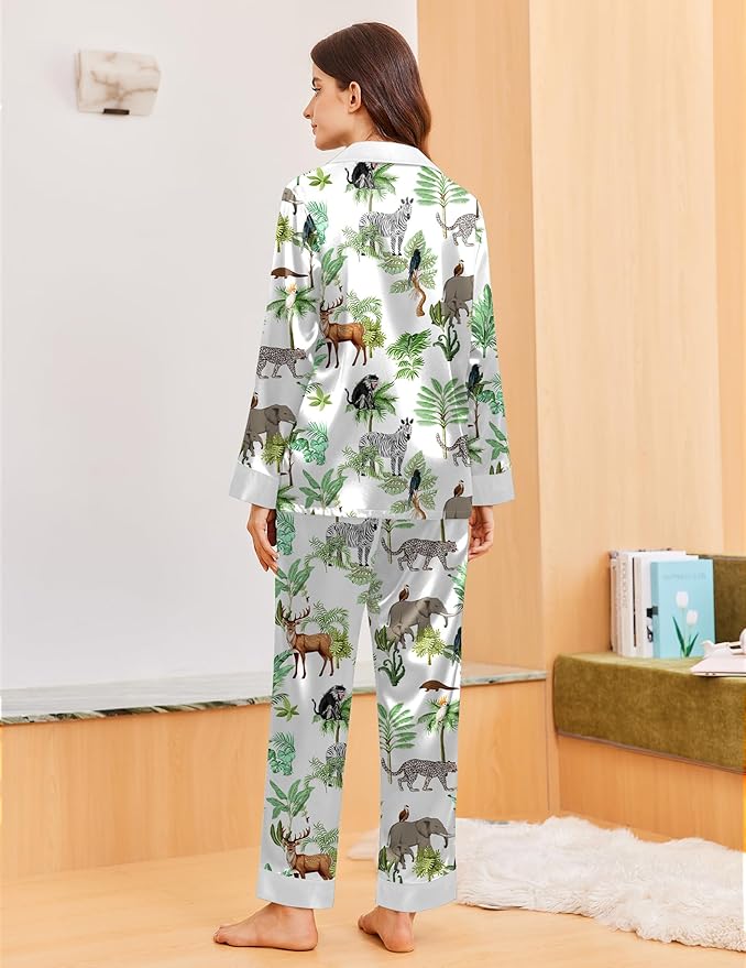 Ekouaer Silk Pajamas for Women Long Sleeve Satin Pajama Set Silky Pj Sets 2 Piece Button Down Loungewear Sleepwear