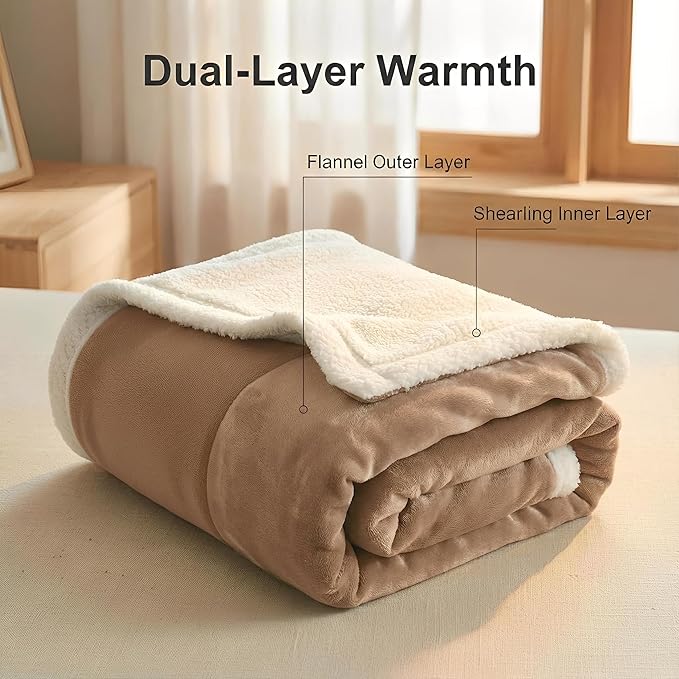 Sherpa Double-Sided Blankets, Plush & Cuddly Throw, Extra-Plush Thermal Fleece Blanket for Sofa/Couch/Bedding, Super Soft Living Room Blanket with Anti-Pilling (Khaki, 60×80)