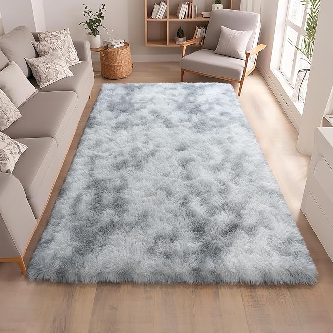 Tie-Dyed Grey Rugs for Bedroom 6x9 ft - Ultra Soft Faux Fur Area Rug - Plush Non-Slip Shaggy Carpet for Living Room, Cozy Fluffy Rug for Kids Boys Girls Dorm Nursery Room, High Pile Floor Carpet