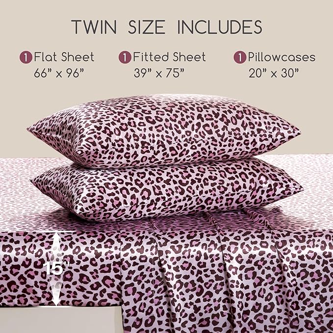 MR&HM Satin Sheets with Elastic Corner Straps, Twin Size 3-Piece Silky Bedding Set, Deep Pocket 15 Inches, Good for Hair & Skin (Twin, Pink Leopard)
