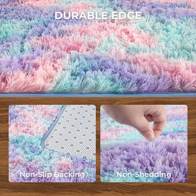 Litanika 5x8 Fluffy Shag Faux Fur Area Rug for Living Room Bedroom, Tie-Dyed Blue Rainbow High Pile Soft Plush Shaggy Furry Bedside Playroom Dorm Carpet, Non-Slip, Non-Shedding Modern Indoor Floor Rug