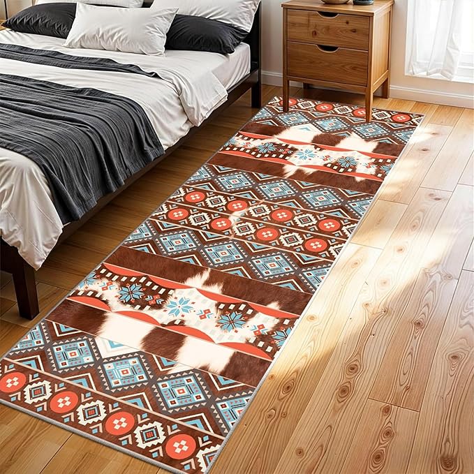 Western Cowhide Runner Rug,2.6x7ft,Rustic Tribal Aztec Runner Rug,Farmhouse Cow Print Decor Western Kitchen Rugs,Soft Non-Slip Faux Cowhide Hallway Carpet, for Office Entryway Bedroom Floor Mat