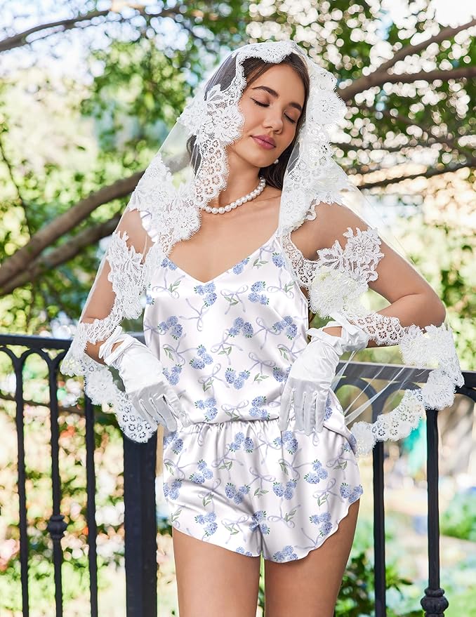Ekouaer Satin Pajama Set for Women, Backless Silk Lingerie Pjs Back Tie-up Camisole Top and Shorts with Ruffle Sleepwear