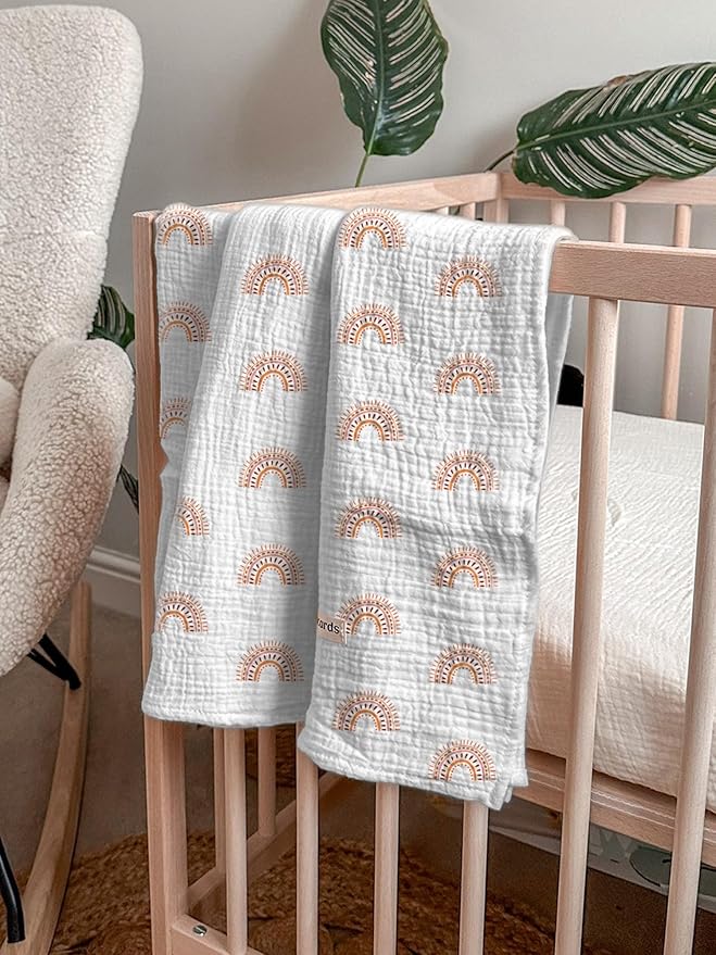 meowcards Muslin Swaddle Blankets for Baby, Unisex Baby Boys Girls Essentials, Large 47 x 47 inches, Boho Receiving Blankets Newborn Registry Must Haves (Beige-Rainbow, Printed)