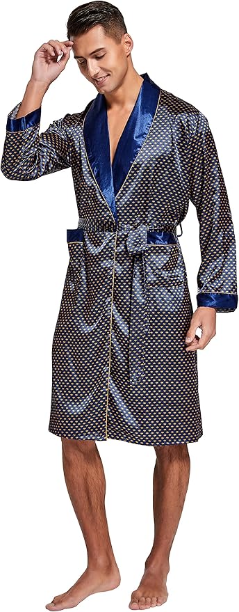 Tony & Candice Men's Satin Robe Lightweight Long Sleeve Silk Kimono Bathrobe with Shorts Set Sleepwear