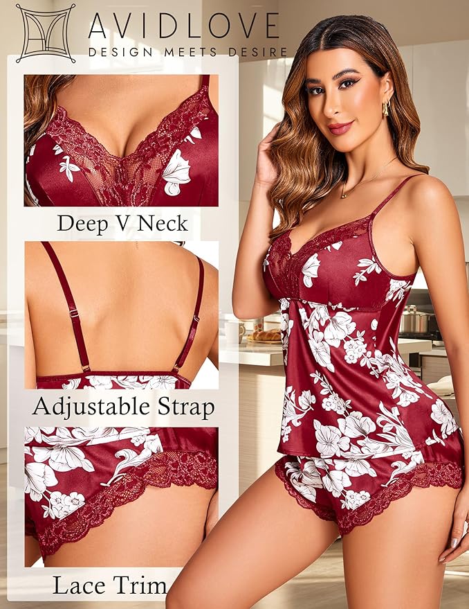 Avidlove Satin Pajamas Set Womens Lace Sleepwear Sexy Lingerie Cami Shorts Set S-XXL