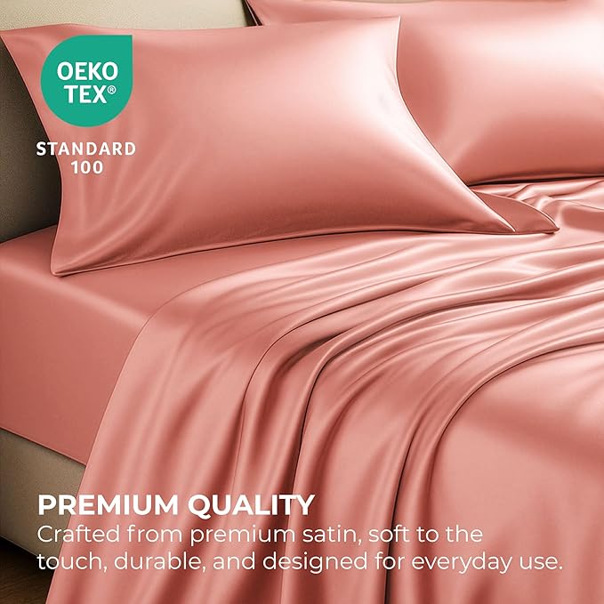 Satin Sheets King [4-Piece, Blush Pink] Hotel Luxury Silky Bed Sheets - Extra Soft 1800 Microfiber Sheet Set, Wrinkle, Fade, Stain Resistant - Deep Pocket Fitted Sheet, Flat Sheet, Pillow Cases
