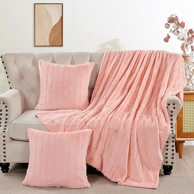 Striped Throw Blanket and Pillow Covers Set (No Inserts) for Couch and Bed, Plush Warm Lightweight Fuzzy Faux Fur Blanket for All Seasons (60" x 80", Pink)