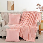 Striped Throw Blanket and Pillow Covers Set (No Inserts) for Couch and Bed, Plush Warm Lightweight Fuzzy Faux Fur Blanket for All Seasons (50" x 60", Pink)