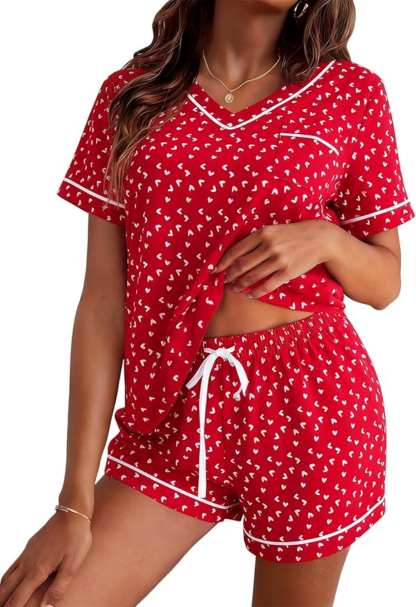 ASTANFY Valentines Day Pajamas Women 2 Piece Silk Valentine Pjs Cute Heart Pajamas V Neck Satin Sleepwear Loungewear Set