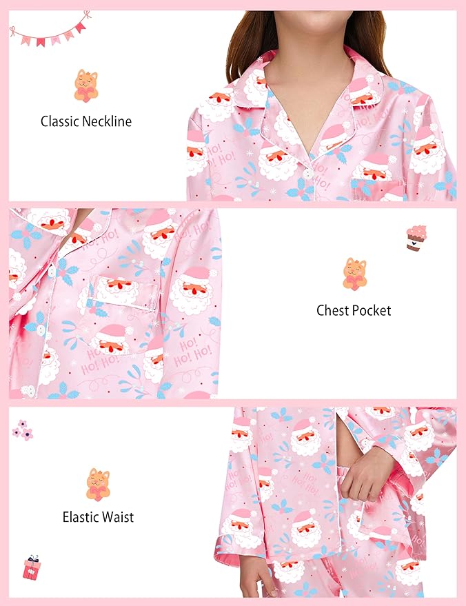 EPLAZA Kids Satin Pajamas Sets Girls Boys Button-Down Silky Pajamas Sleepwear with Hairband Eye Mask Hair Tie