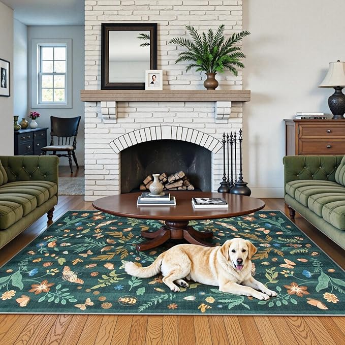 Lahome Chloe Insect Botanical Washable 5x7 Area Rugs for Living Room, Non Slip Green Rug for Bedroom, Boho Indoor Throw Dining Room Carpet for Under Table Entryway Kitchen Office(Dark Green,5x7)