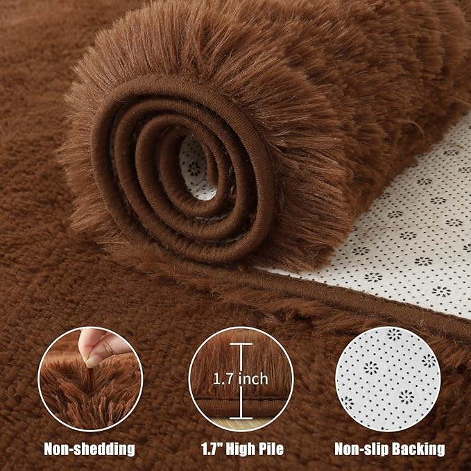 Macgace Fluffy Area Rugs for Bedroom Decor Aesthetic, 3x5 Brown Shag Rug with Non-Slip Dots for Living Room, Furry Plush Mat Washable Fuzzy Carpet Modern Home Decor for Kids Nursery Teens Room