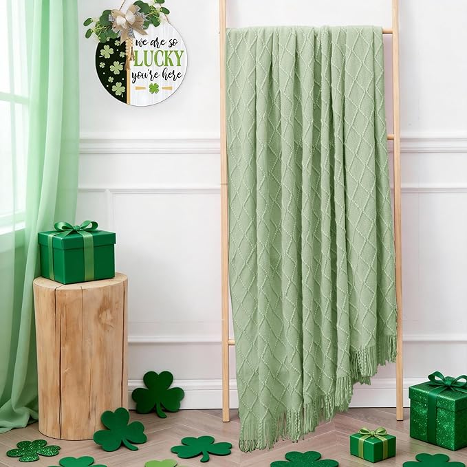 inhand Basil Green Knitted Throw Blanket for Couch and Bed, St. Patrick’s Day Lucky Spring Gifts Throw for Her or Him, Soft Farmhouse Woven Blanket with Tassel, Lightweight Decorative, 60"x80"