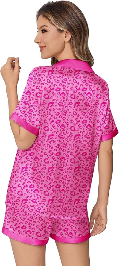 Ekouaer Womens Silk Satin Pajamas Set Animals Print Pjs Button Down Short Sleeve Lounge Set 2 Piece Sleepwear