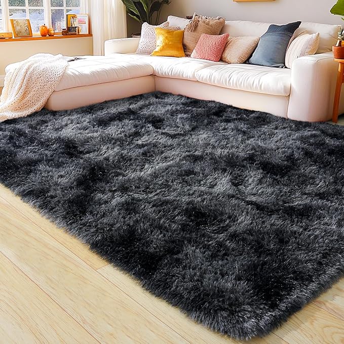 KING DARE 6x9 Area Rugs for Living Room Tie-Dyed Black Gray Rug, Fluffy Shaggy Fuzzy Plush Furry Large Floor Carpet, Anti-Slip Washable Modern Soft Rug for Bedroom Girls Boys Room Indoor