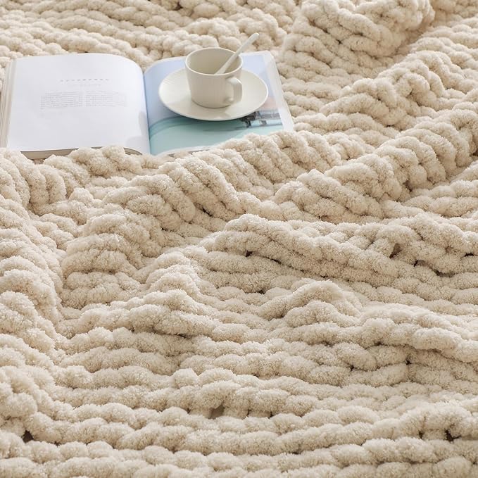 bearberry Chunky Knit Throw Blanket 50x60 Inches Handmade, Soft Chenille Yarn with Cable Rope Knot Design | Thick Cozy Large Blanket for Couch, Sofa, Bed & Living Room Home Decor | Beige