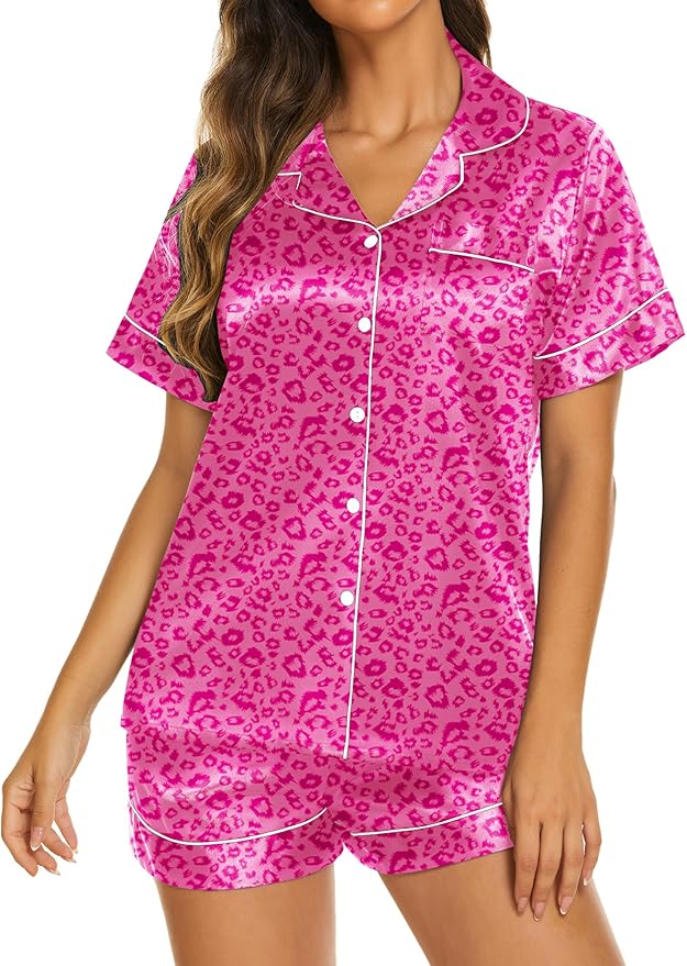 Ekouaer Silk Pajamas for Women Short Sleeve Sleepwear Soft Button Down Loungewear 2 Piece Satin Pjs Shorts Set