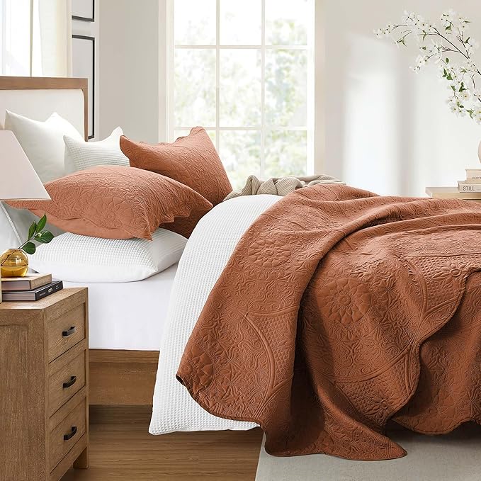 IR Imperial Rooms Twin Quilt Bedding Set Size (68” x 86”) + 1 Pillow Shams (20” x 26” + 2”) - 2 Pcs All Season Lightweight Reversible Microfiber Coverlet Floral Embossed Quilt Bedspread (Rust)