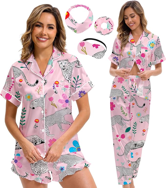 Silk Satin Pajama Set for Women 3-piece Short Sleeve Pajama with Pants Ruffle Shorts Cute Pj Set Button Down Sleepwear