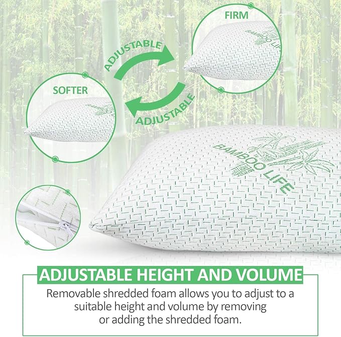 King Size Rayon Derived from Bamboo Pillow, Shredded Memory Foam Bed Pillows Sets for Side, Back and Stomach Sleepers, Washable Cover, Cooling and Adjustable, King (Pack of 1)