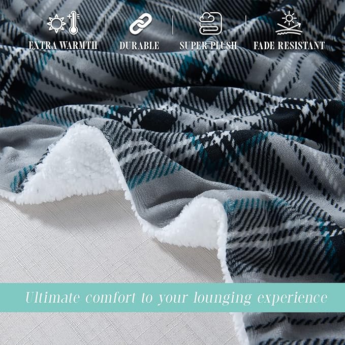 Elegant Comfort Throw Blanket, Reversible Sherpa Flannel, Ultra-Soft, Fuzzy, Cozy and Plush- All Season Lightweight Decorative Throw, 50 x 60 inches, Plaid Design Sherpa Throw, Silver Gray