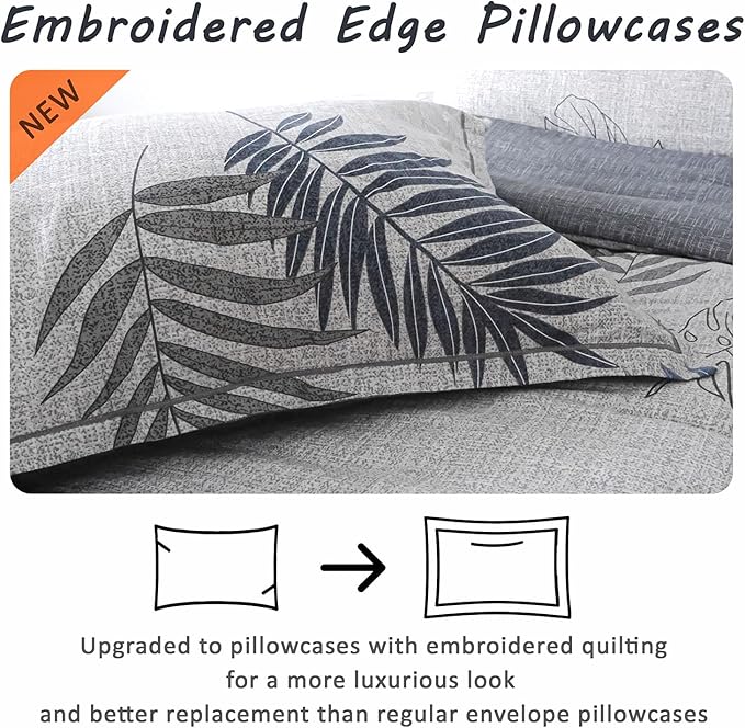 ALEISSEL Natural Cotton 3pcs Botanical Comforter Sets King Size-Dark Gray Comforter with Luxurious Blue & Gray Leaves on White, Reversible Lightweight Floral Bedding Sets(King 104"×90")